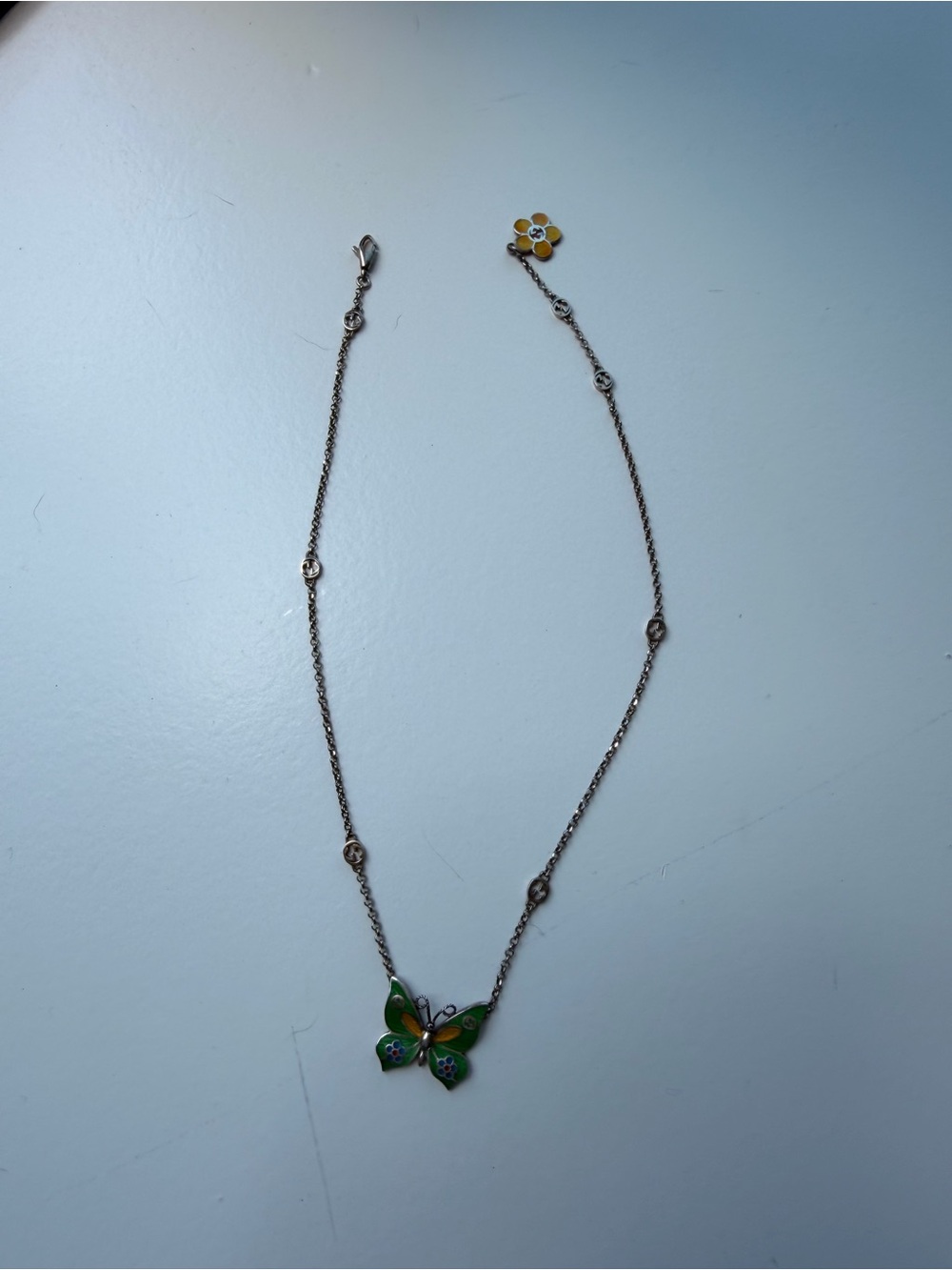 Gucci Green Enamel Butterfly GG Station Sterling Silver Necklace 18”
